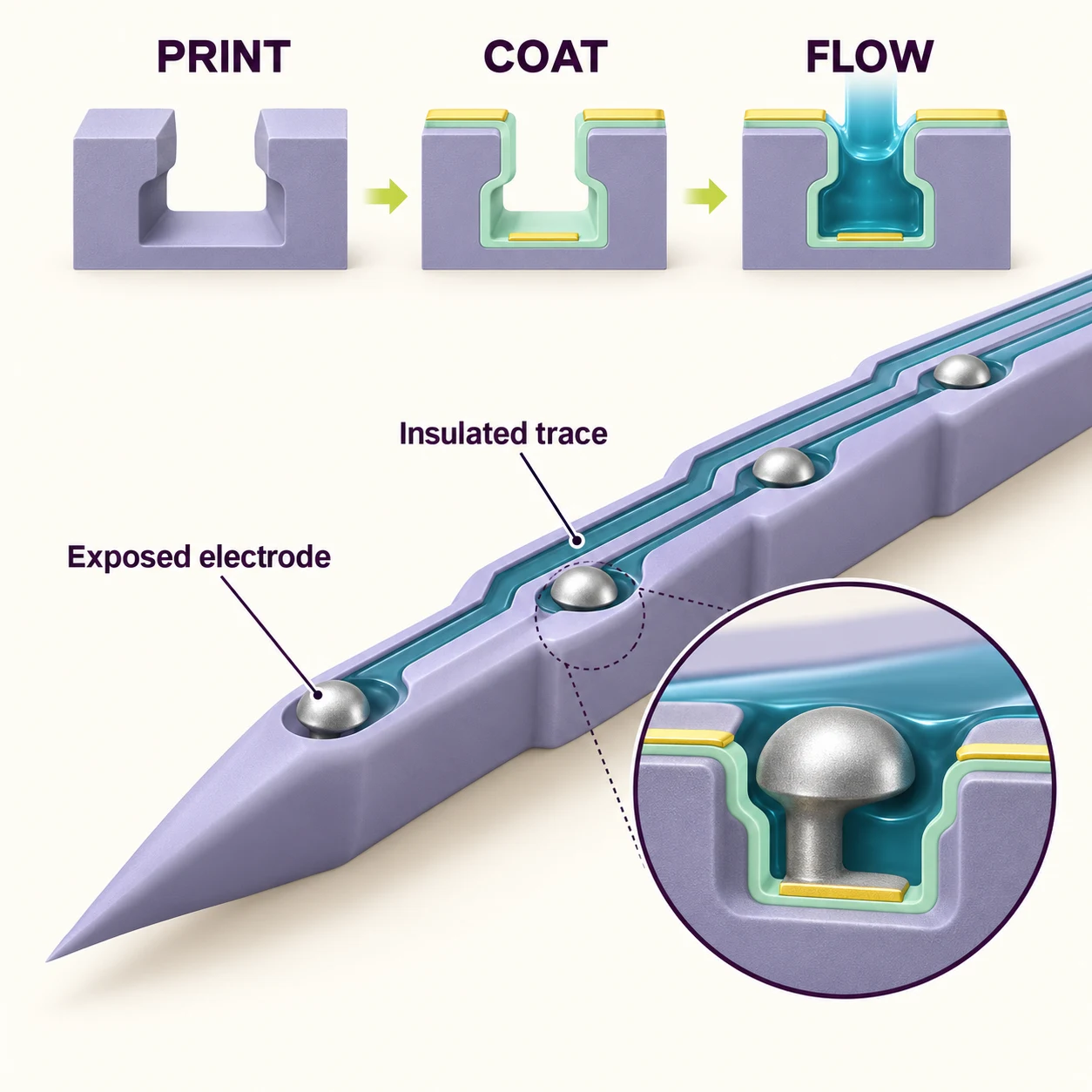Graphical abstract for 3D-printed penetrating neural probes with maskless metallization and encapsulation