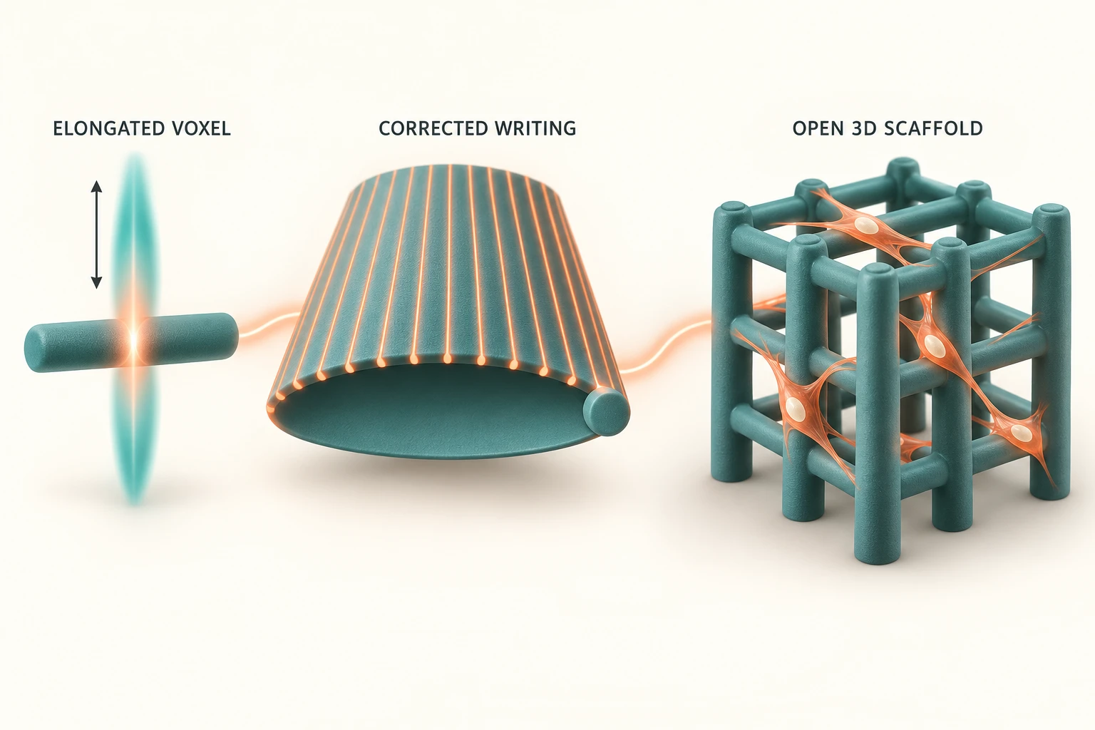 Graphical abstract for Two-photon lithography-based fabrication of 3D fibrous scaffolds: Addressing anisotropic voxel constraints for the design of bio-inspired scaffolds