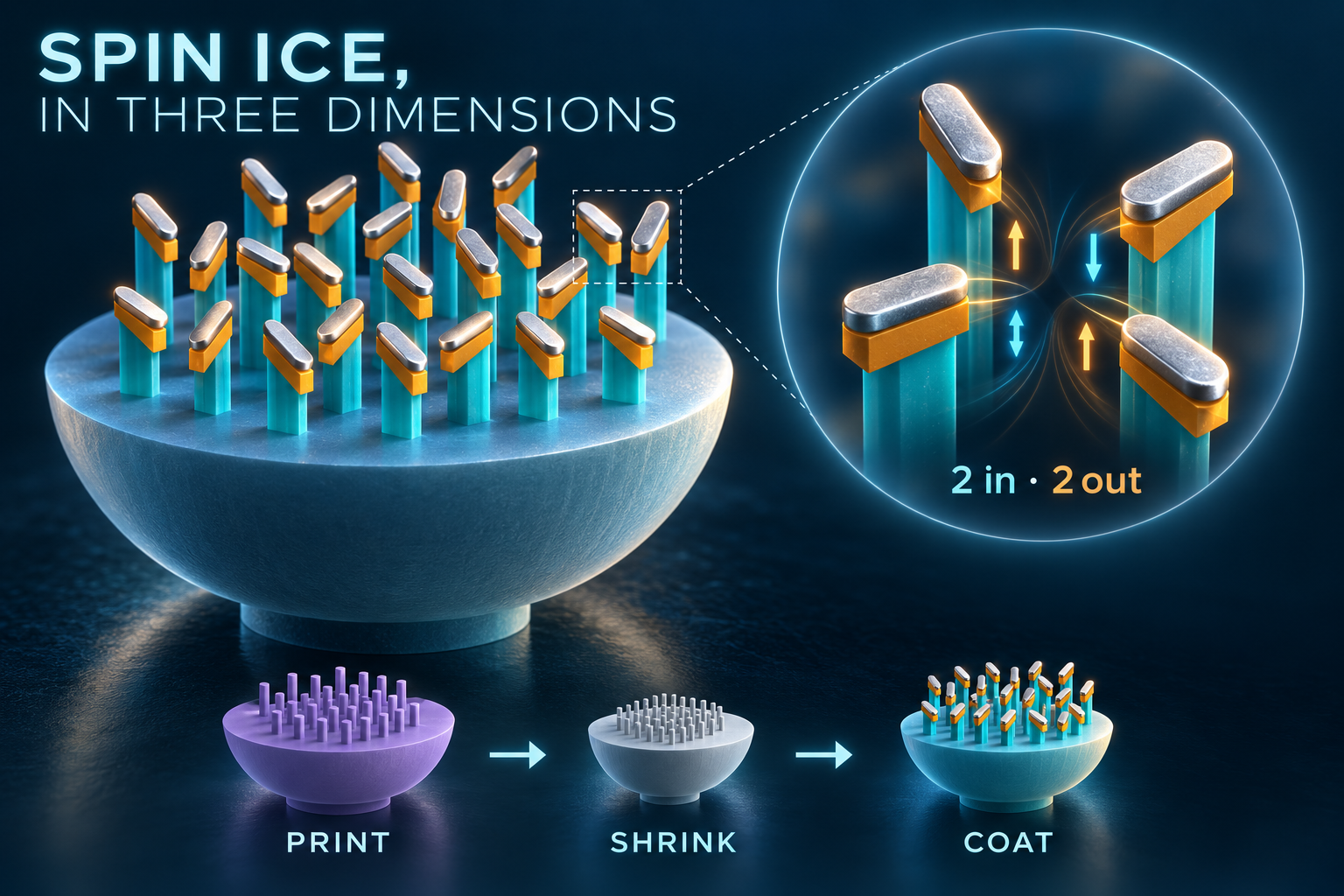 Graphical abstract for Pyrochlore Artificial Spin Ice: Advances in Fabrication and Characterization of a 3D Magnetic Metamaterial