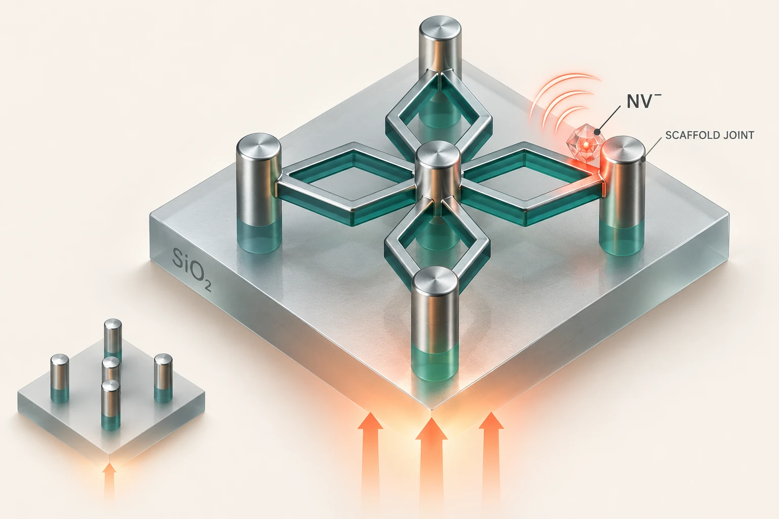 Graphical abstract for 3-D pillar-and-scaffold nanostructures for integrating nitrogen-vacancy doped nanodiamonds