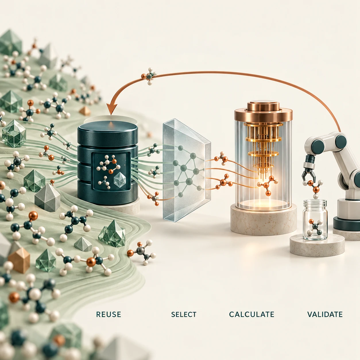 Graphical abstract for Towards sustainable exploration of chemical spaces with machine learning