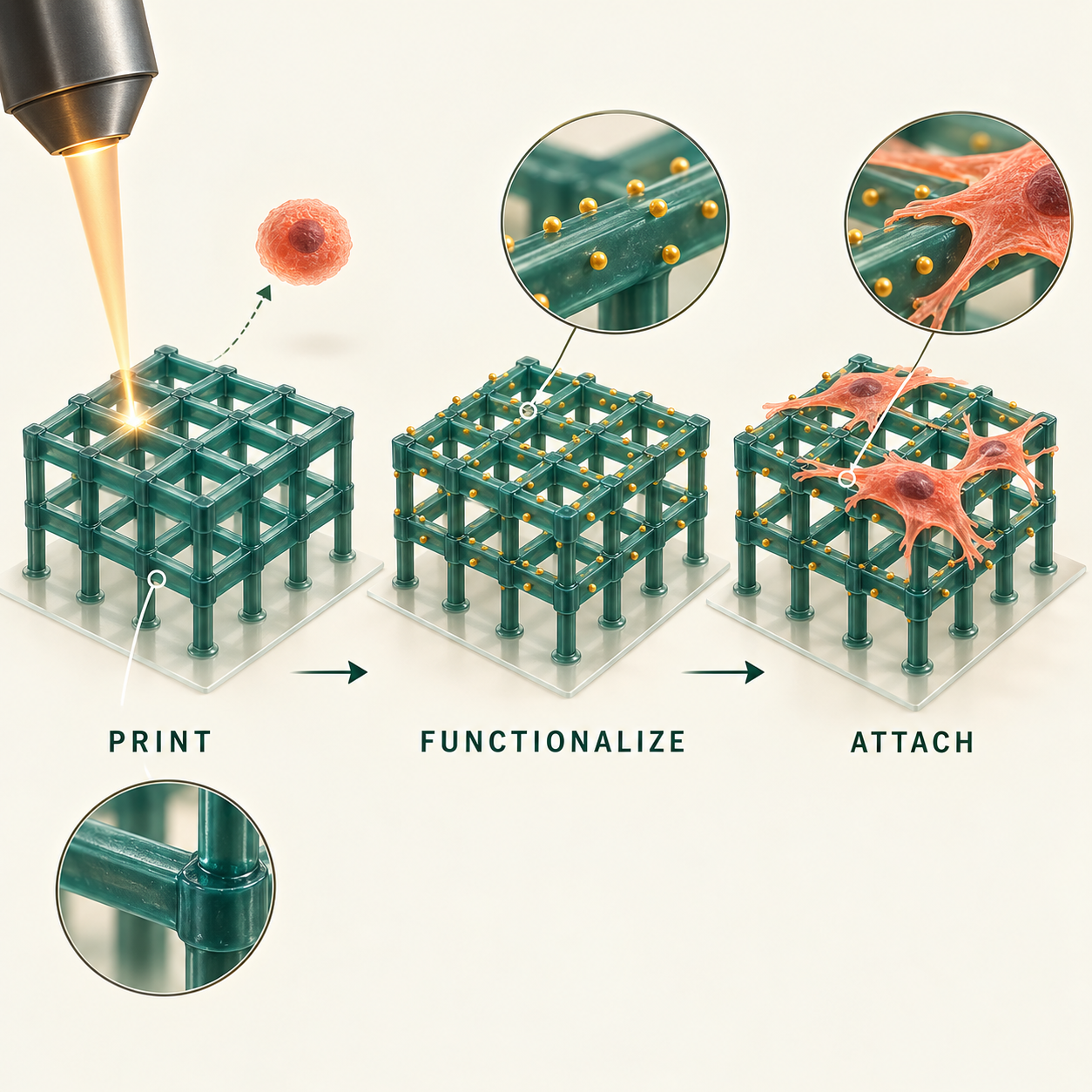 Graphical abstract for Surface‐Functionalized Poly(2‐Oxazoline)‐Based Grids Produced by Two‐Photon Polymerization as 3D‐Structured Hydrogels Promoting Cell Adhesion