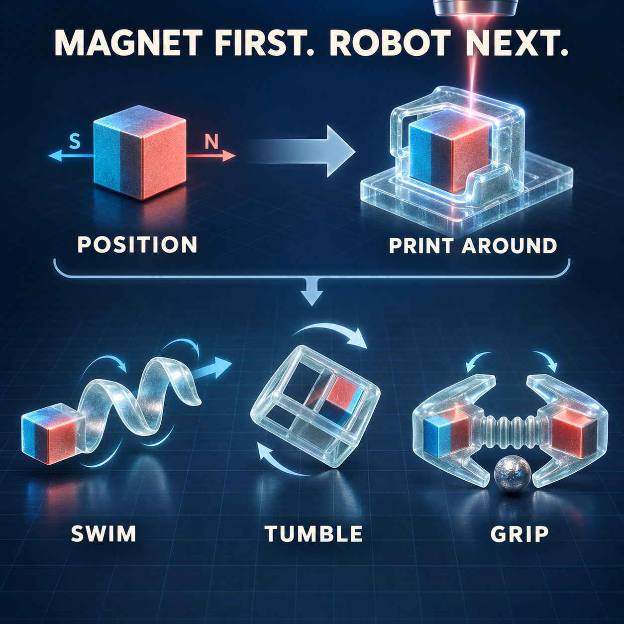 Graphical abstract for Generalized direct fabrication of embedded–magnet microrobots with enhanced material compatibility