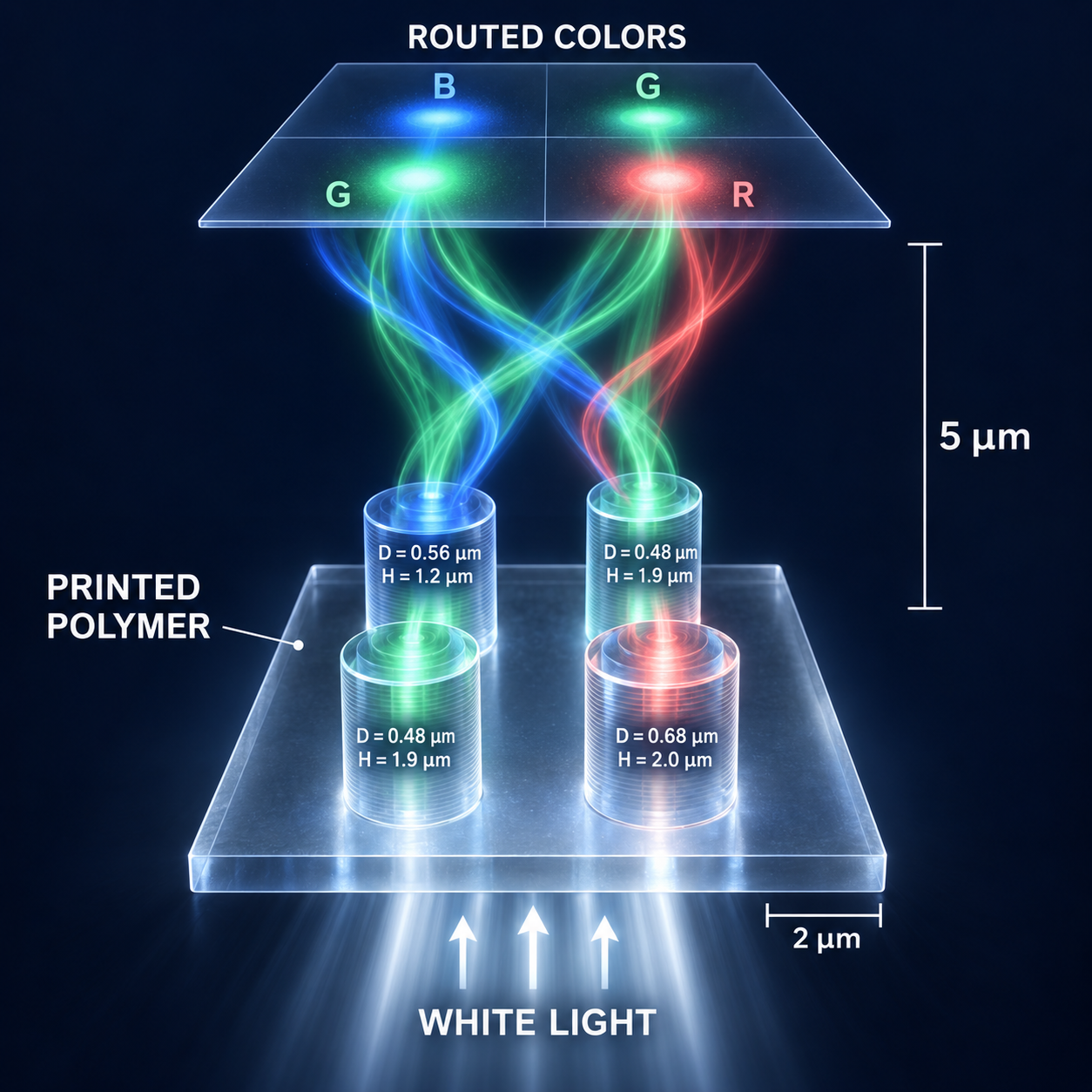 Graphical abstract for 3D printed designer color routers with low refractive index for low-light imaging