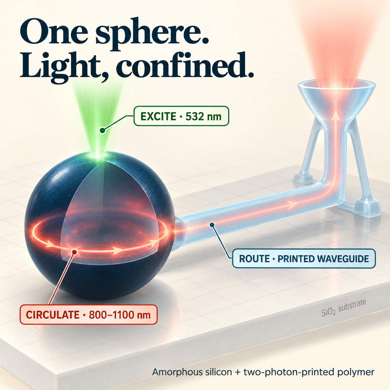 Graphical abstract for Photoluminescent amorphous silicon microspheres with intrinsic whispering-gallery-mode coupling and waveguide integration