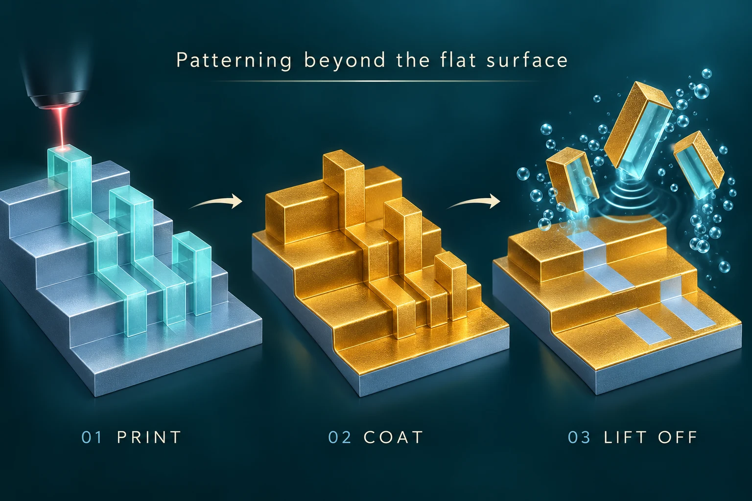 Graphical abstract for Lithographic patterning of conformal thin films on 3D structures using Scaffold-architected Lift-off masks