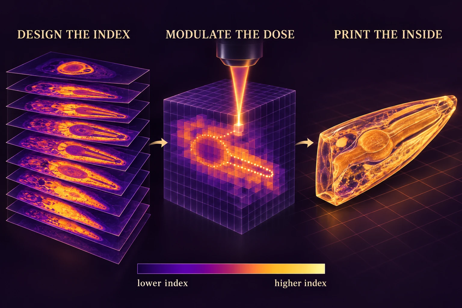 Graphical abstract for Turning Light Into Matter: Programmable Microstructures Via Dose Control in Two-Photon Polymerization