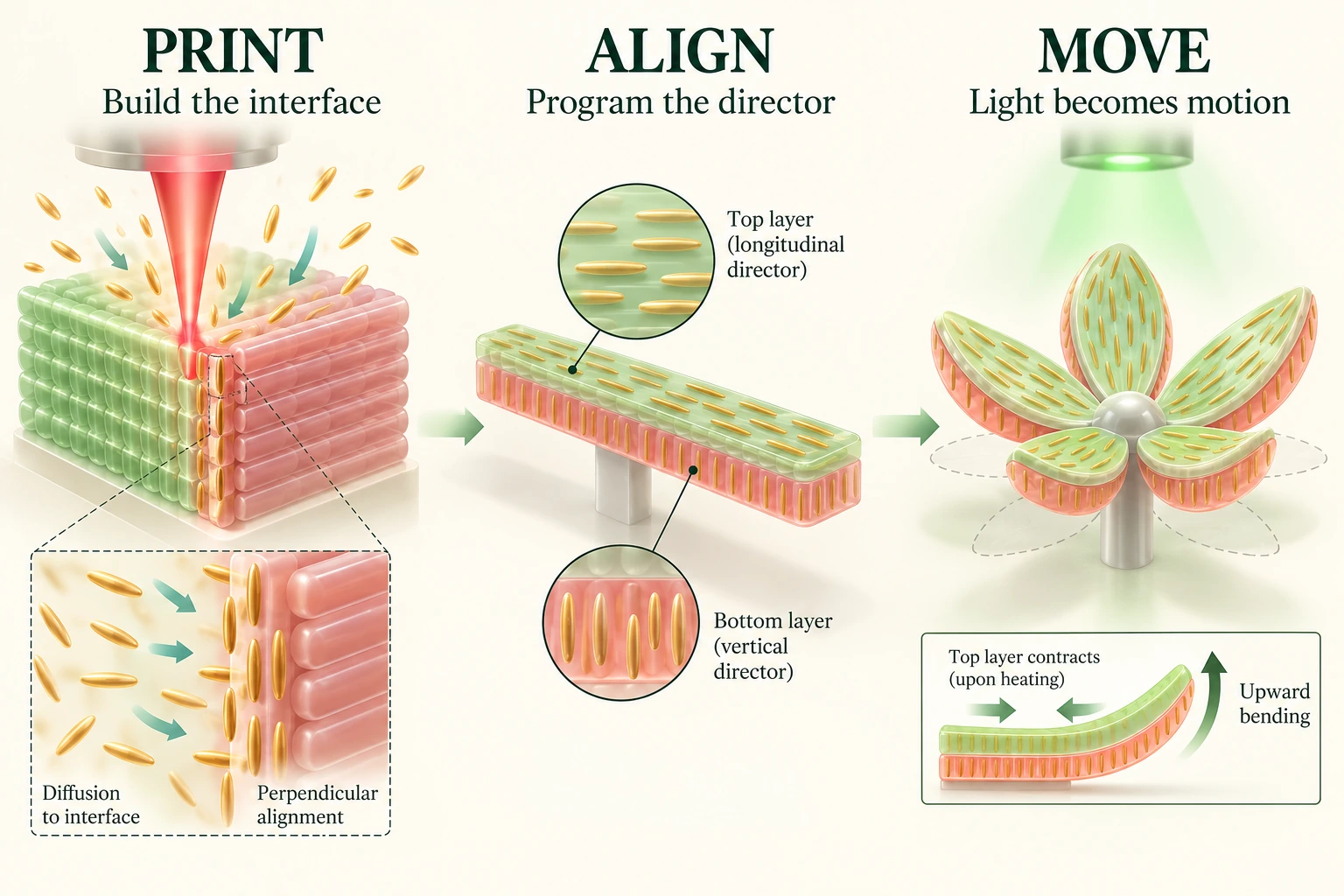 Graphical abstract for Diffusion-guided 4D microprinting of soft microactuators