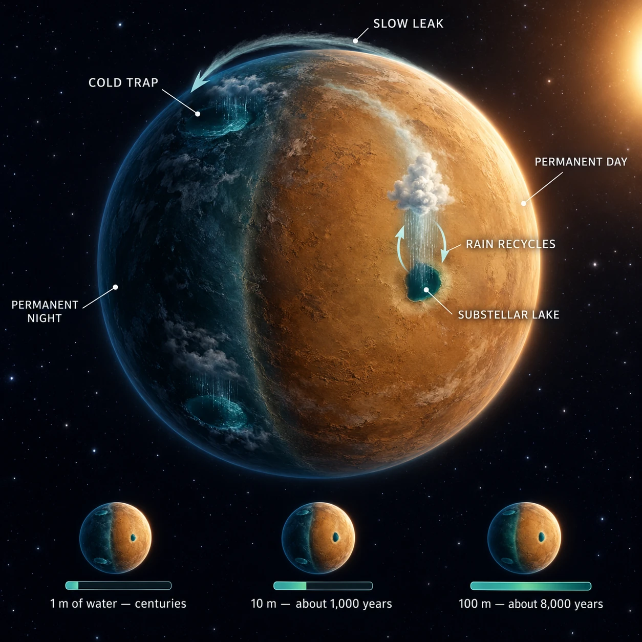 Graphical abstract for The Hydrological Cycle and Circulation of Tidally-Locked Planets with a Finite Moisture Inventory