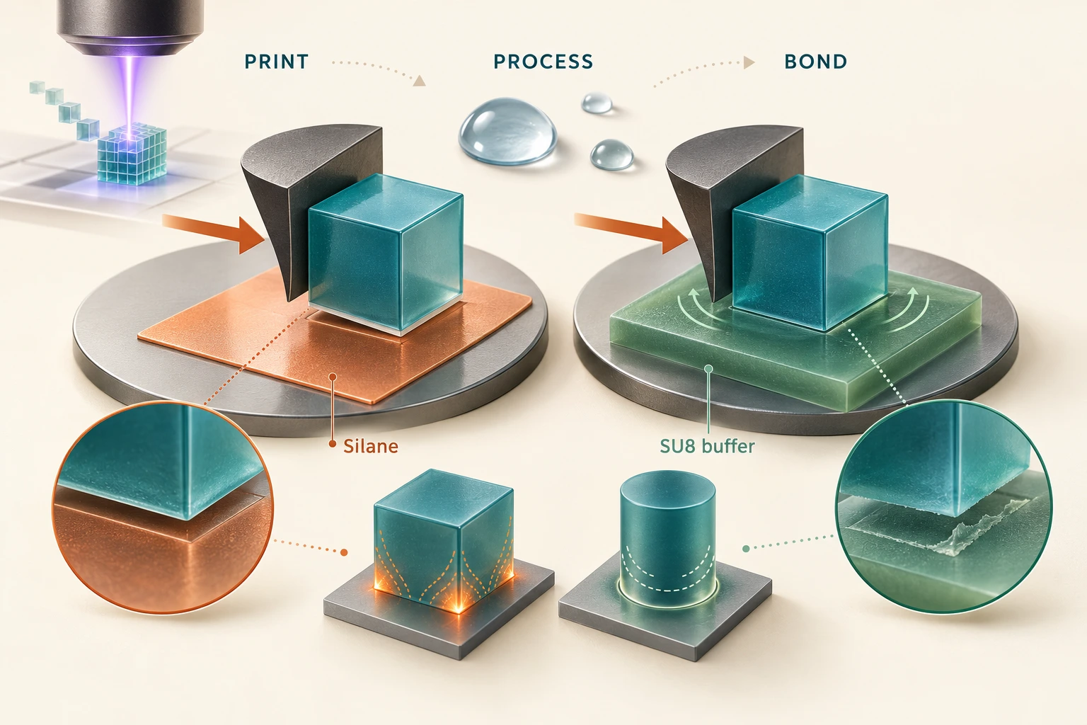 Graphical abstract for Enhanced adhesion of high-resolution two-photon polymerization 3D-printing: a quantitative study on substrate treatments and process compatibility for microfabrication