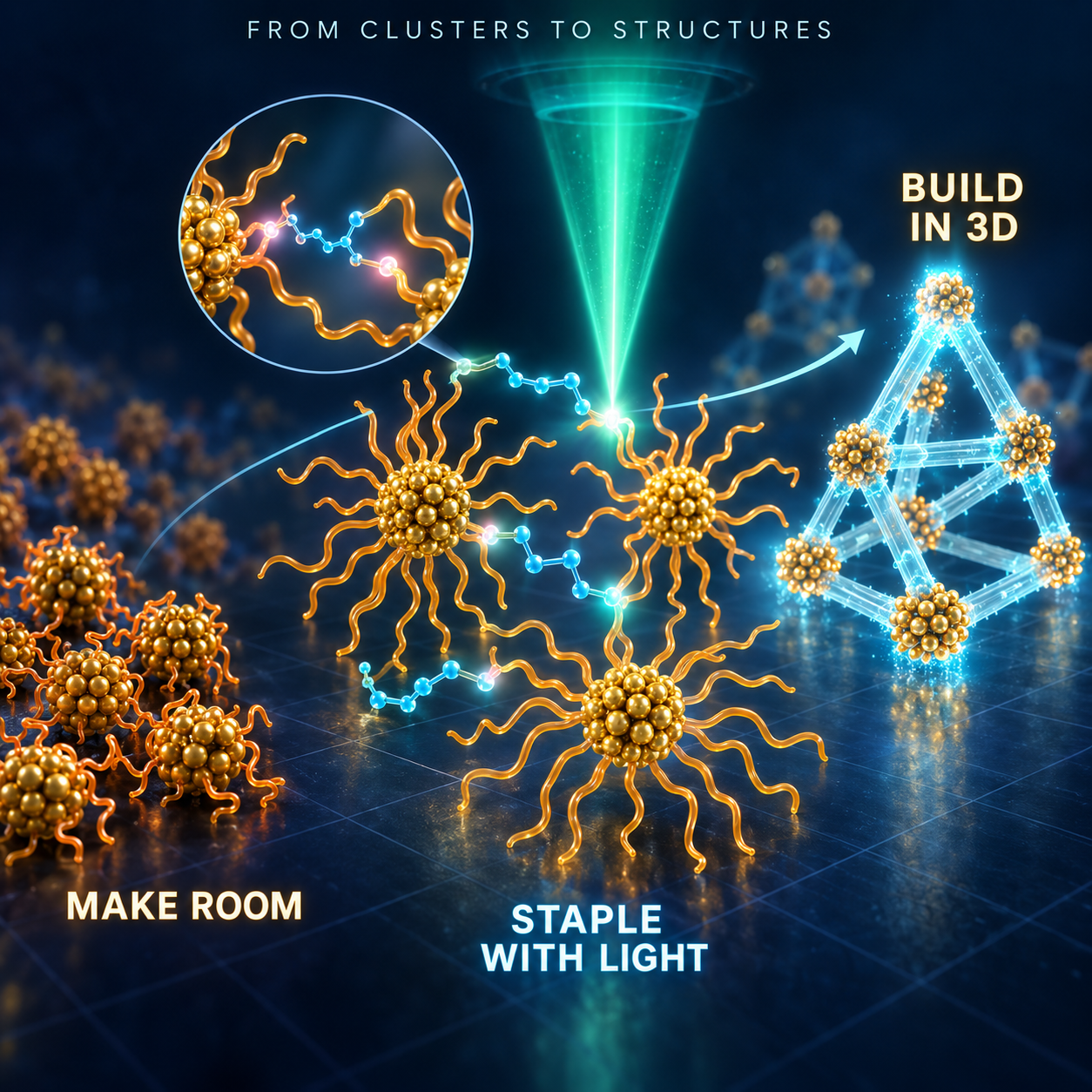 Graphical abstract for Viscoelasticity-guided covalent assembly of atomically precise nanoclusters via nitrene-mediated two-photon lithography