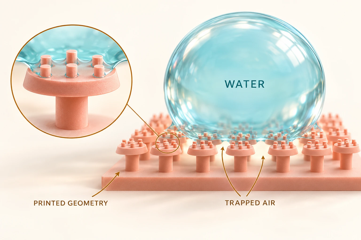 Graphical abstract for Two-photon polymerisation of synergistic re-entrant and hierarchical structures enables superhydrophobicity on hydrophilic substrates