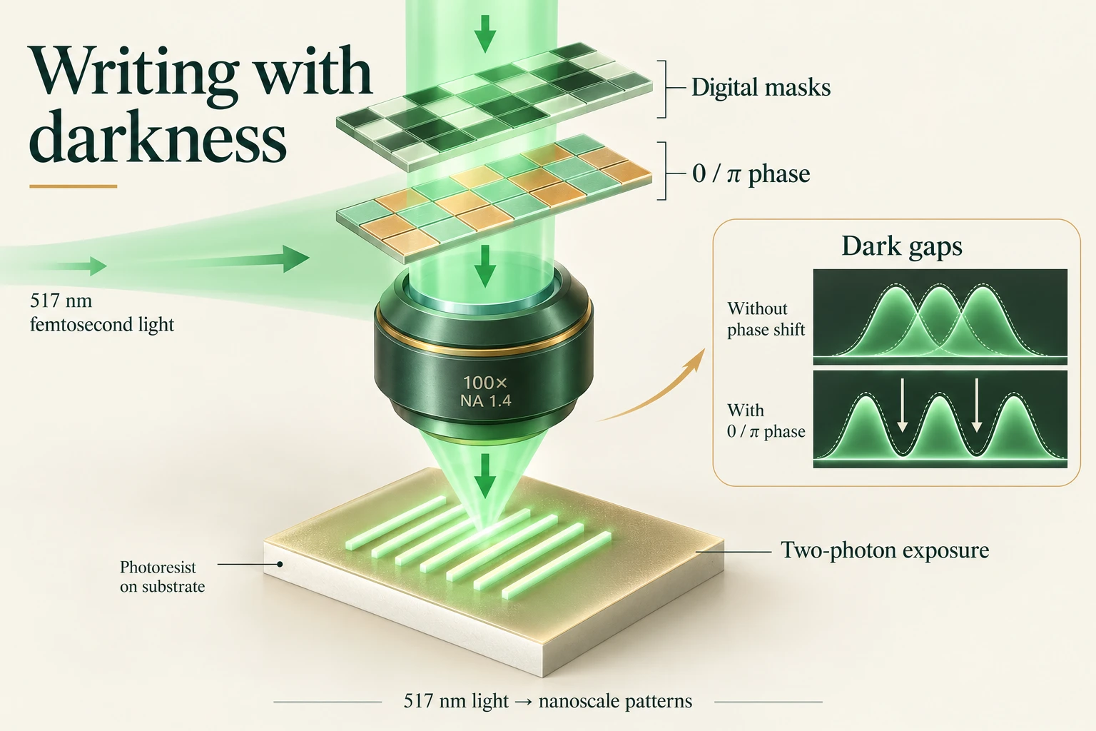 Graphical abstract for Digital phase-shift mask projection lithography enabling sub-diffraction-limit resolution for dense nanoscale patterning