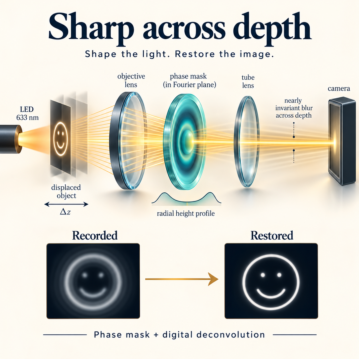 Graphical abstract for Defocus-Insensitive Microscopy via Spatial Phase Modulation Using End-to-End Learning